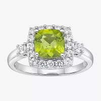 Womens Genuine Green Peridot Sterling Silver Cushion Halo Cocktail Ring