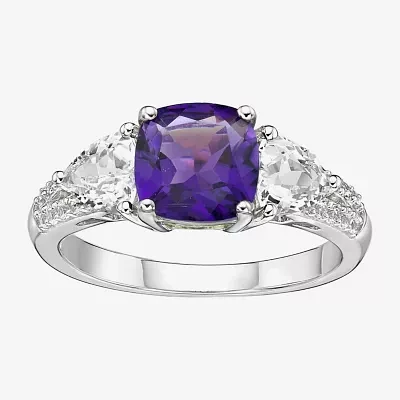 Womens Genuine Purple Amethyst Sterling Silver 3-Stone Cocktail Ring