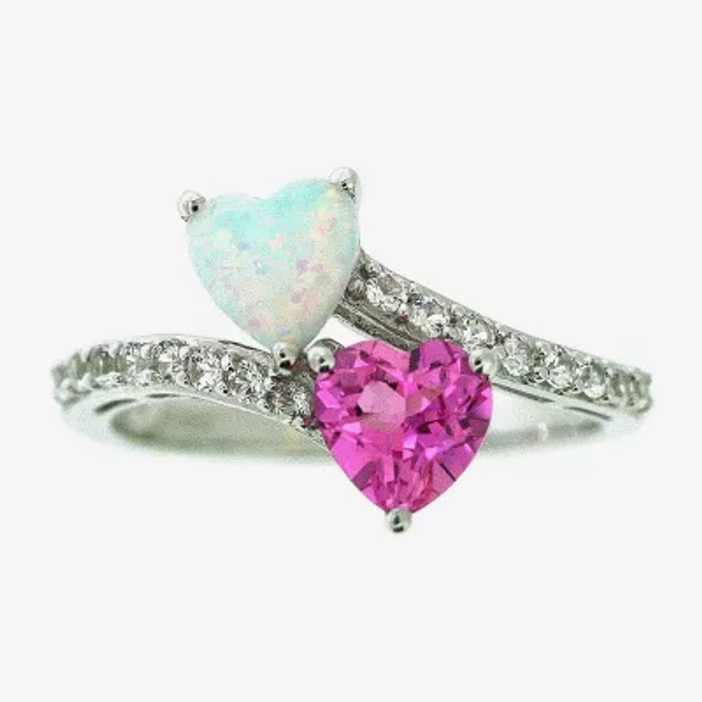 Womens Lab Created White Opal Sterling Silver Heart Cocktail Ring