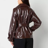 Worthington Midweight Faux Leather Belted Womens Trench Coat