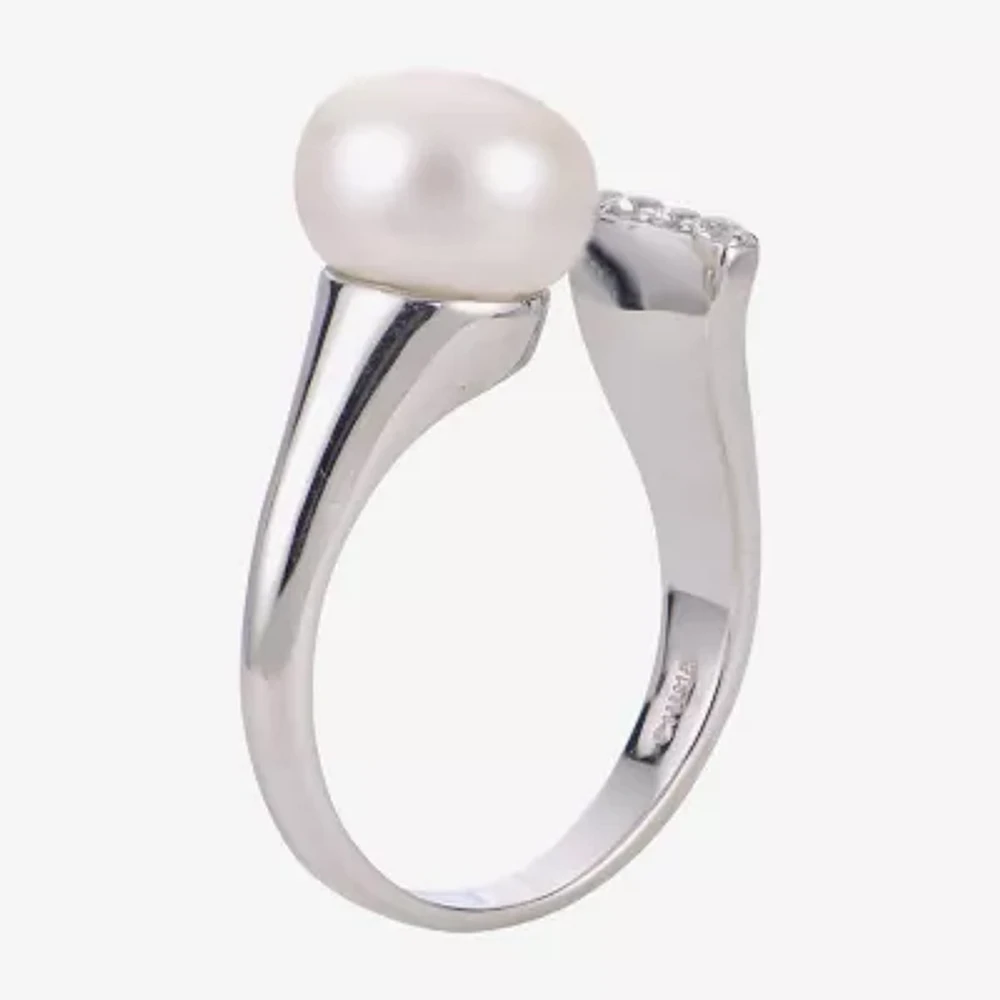 Cultured Freshwater Pearl and Genuine White Topaz Sterling Silver Open Ring