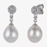 8.5-9Mm Cultured Freshwater Pearl And Genuine White Topaz Sterling Silver Earrings