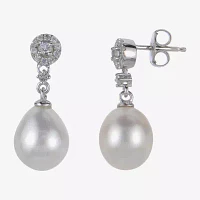 8.5-9Mm Cultured Freshwater Pearl And Genuine White Topaz Sterling Silver Earrings