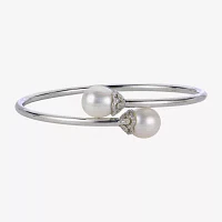 10.5-11Mm Cultured Freshwater Pearl And Genuine White Topaz Sterling Silver Bangle Bracelet