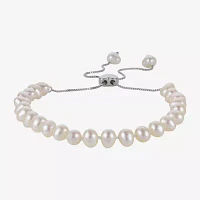 White Cultured Freshwater Pearl Sterling Silver Bolo Bracelet