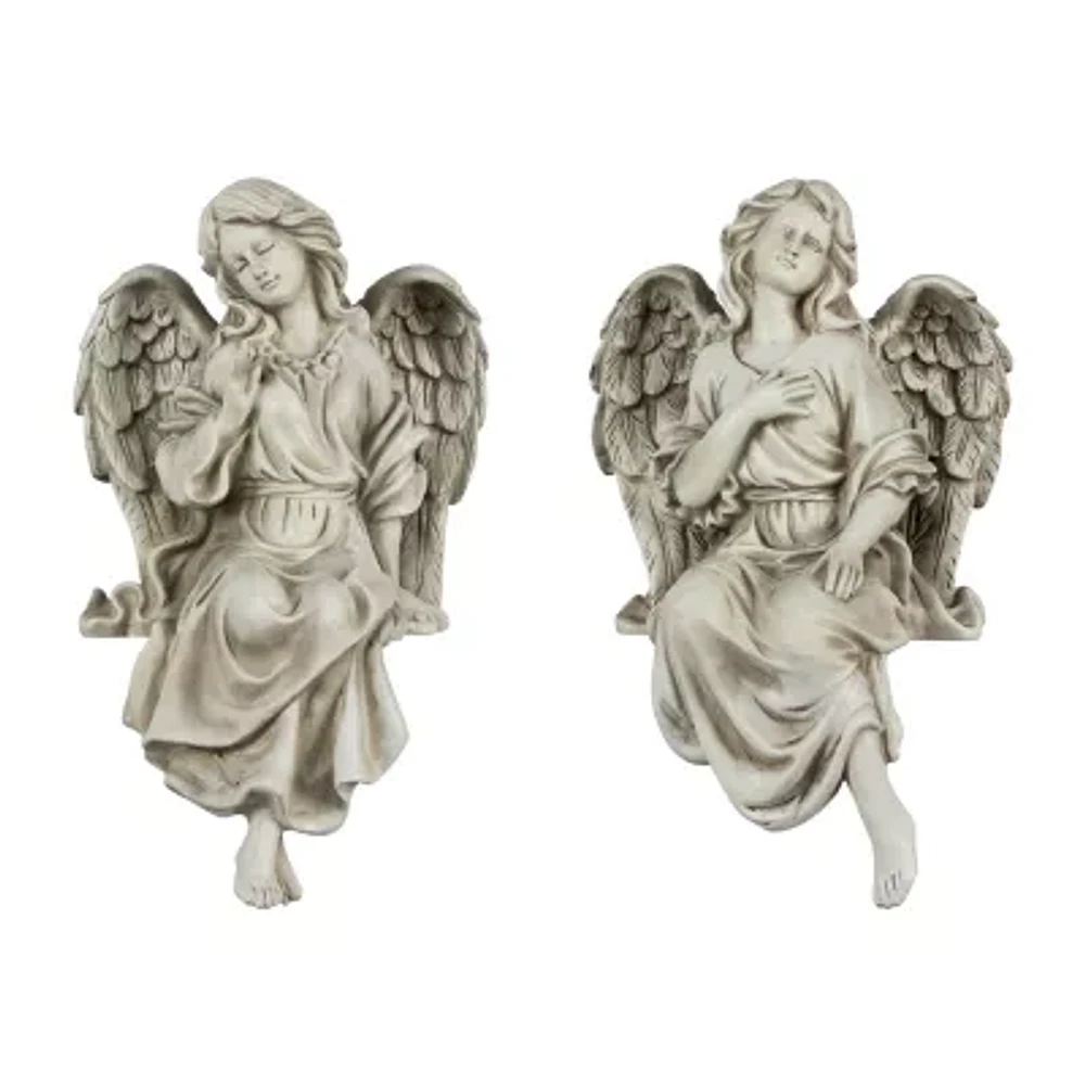 14'' Gray Set of 2 Decorative Sitting Angel Outdoor Garden Statues