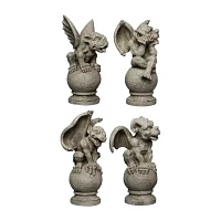 Set of 4 Gargoyles on Pedestals Outdoor Garden Statues 13"