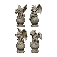 Set of 4 Gargoyles on Pedestals Outdoor Garden Statues 13"