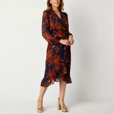 52seven Womens Long Sleeve Floral Midi Fit + Flare Dress