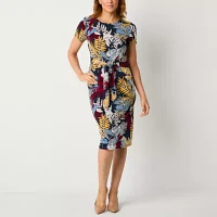 R & K Originals Short Sleeve Floral Puff Print Midi Sheath Dress