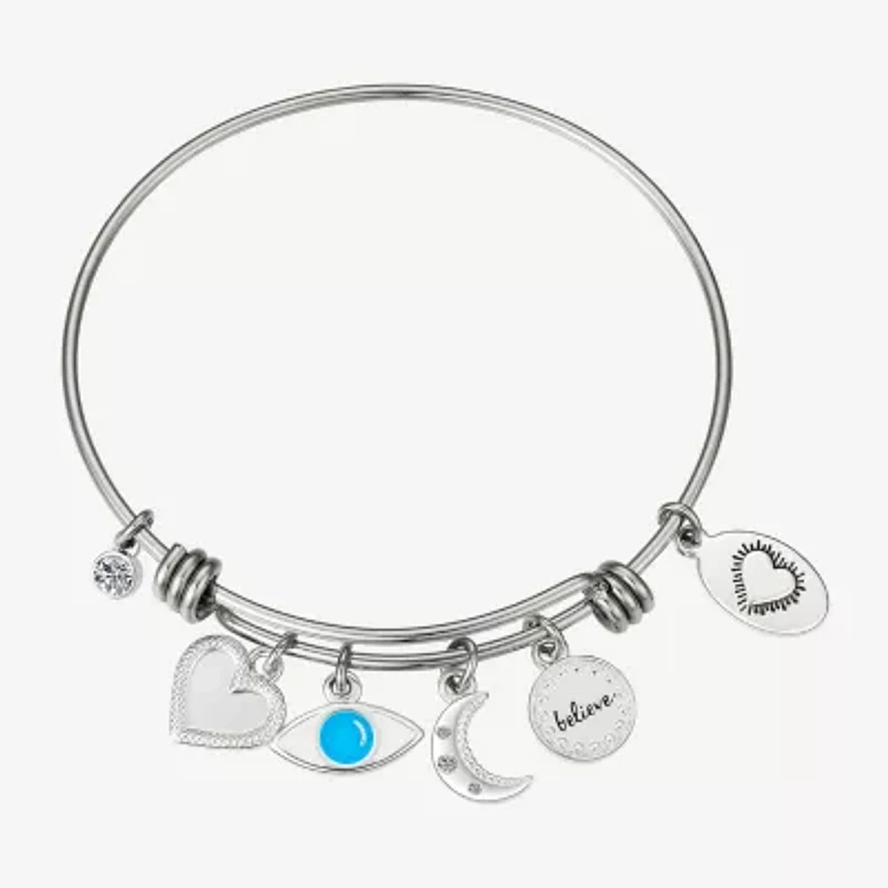 Footnotes Believe Stainless Steel Semisolid Evil Eye Heart Moon Bangle Bracelet