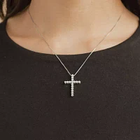 (G Womens 1/2 CT. T.W. Lab Grown White Diamond 10K White Gold Cross 18 Inch Pendant Necklace