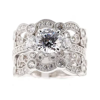 DiamonArt® Cubic Zirconia Sterling Silver Vintage-Style Bridal Ring and Guard Set