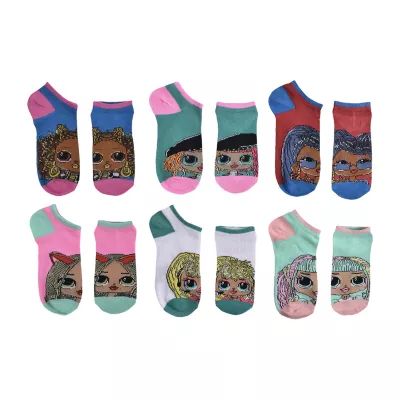 Little & Big Girls 6 Pair LOL Multi-Pack No Show Socks