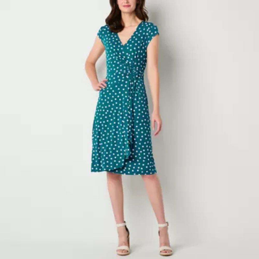 Robbie Bee Womens Short Sleeve Polka Dot Midi Fit + Flare Dress