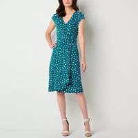 Robbie Bee Womens Short Sleeve Polka Dot Midi Fit + Flare Dress