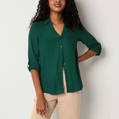 by&by Juniors Womens 3/4 Sleeve Regular Fit Button-Down Shirt