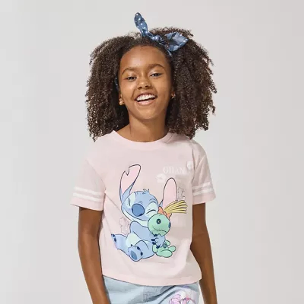 Disney Collection Little & Big Girls Crew Neck Short Sleeve Stitch Graphic T-Shirt