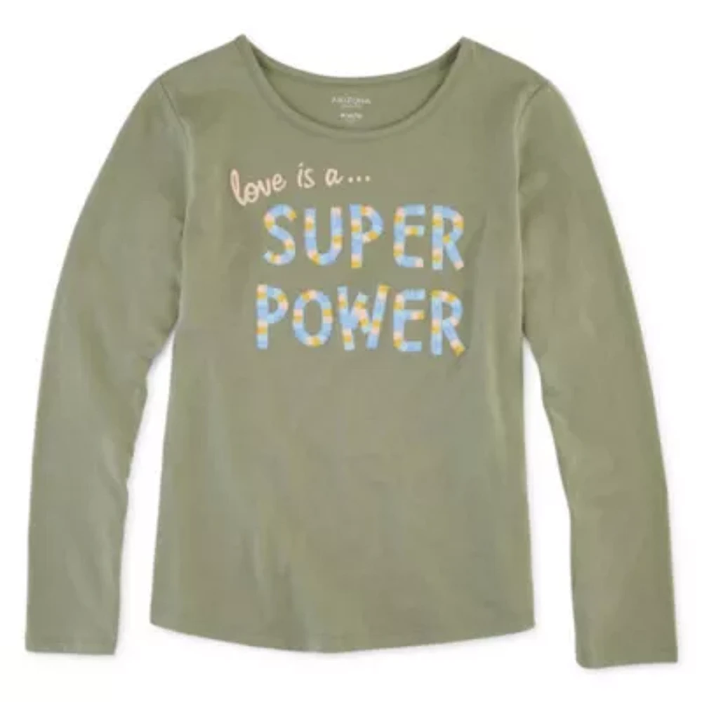 Arizona Little & Big Girls Round Neck Long Sleeve Graphic T-Shirt