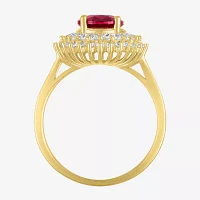 Womens Lab Created Red Ruby 14K Gold Over Silver Halo Side Stone Cocktail Ring