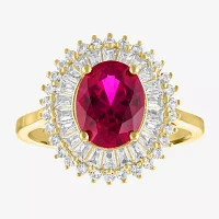 Womens Lab Created Red Ruby 14K Gold Over Silver Halo Side Stone Cocktail Ring