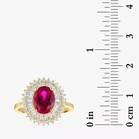 Womens Lab Created Red Ruby 14K Gold Over Silver Halo Side Stone Cocktail Ring