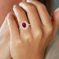 Womens Lab Created Red Ruby 14K Gold Over Silver Halo Side Stone Cocktail Ring