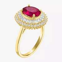 Womens Lab Created Red Ruby 14K Gold Over Silver Halo Side Stone Cocktail Ring