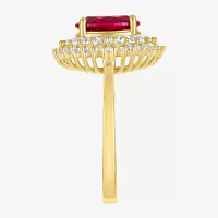 Womens Lab Created Red Ruby 14K Gold Over Silver Halo Side Stone Cocktail Ring