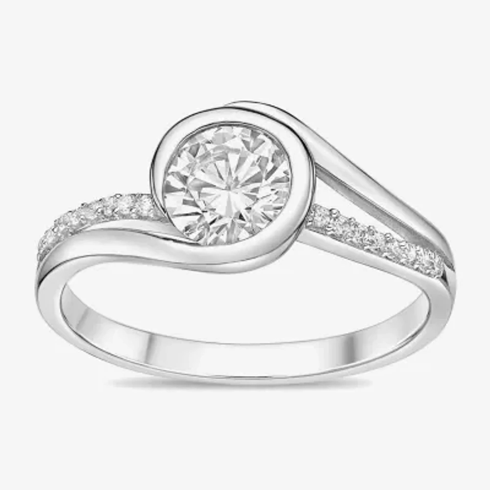 Diamonart Womens White Cubic Zirconia Sterling Silver Round Side Stone Bypass Engagement Ring