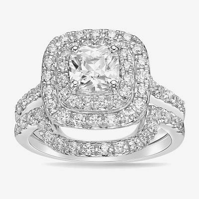 Diamonart Womens White Cubic Zirconia Sterling Silver Square Side Stone Halo Bridal Set