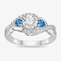 Diamonart Womens Blue Cubic Zirconia Sterling Silver Round Side Stone 3-Stone Engagement Ring