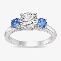 Diamonart Womens Blue Cubic Zirconia Sterling Silver Round 3-Stone Engagement Ring