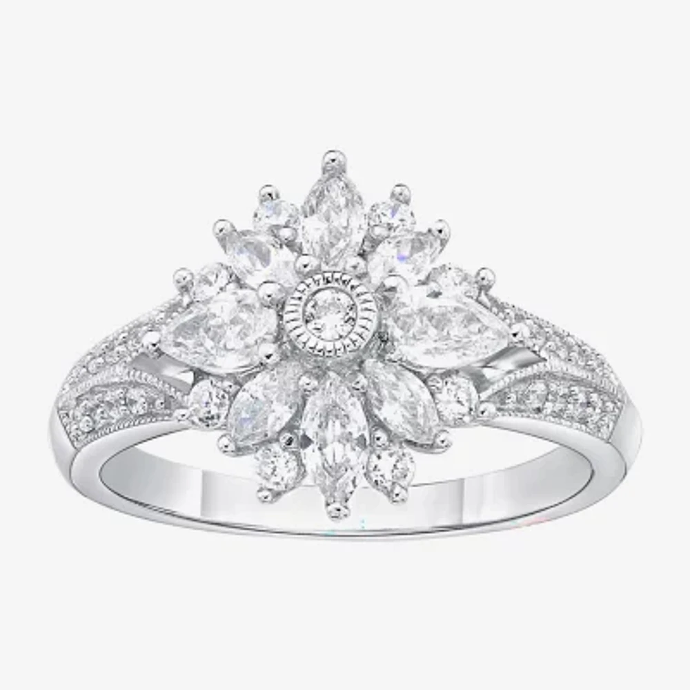 DiamonArt® Womens White Cubic Zirconia Sterling Silver Cluster Cocktail Ring