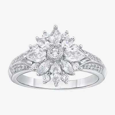 DiamonArt® Womens White Cubic Zirconia Sterling Silver Cluster Cocktail Ring