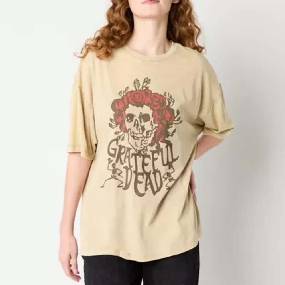 Juniors Greatful Dead Roses Oversized Tee Womens Crew Neck Short Sleeve Graphic T-Shirt