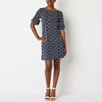 Perceptions Petite Womens Short Sleeve Puff Print Shift Dress