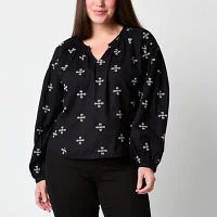 a.n.a Womens Split Crew Neck Long Sleeve Embroidered Blouse