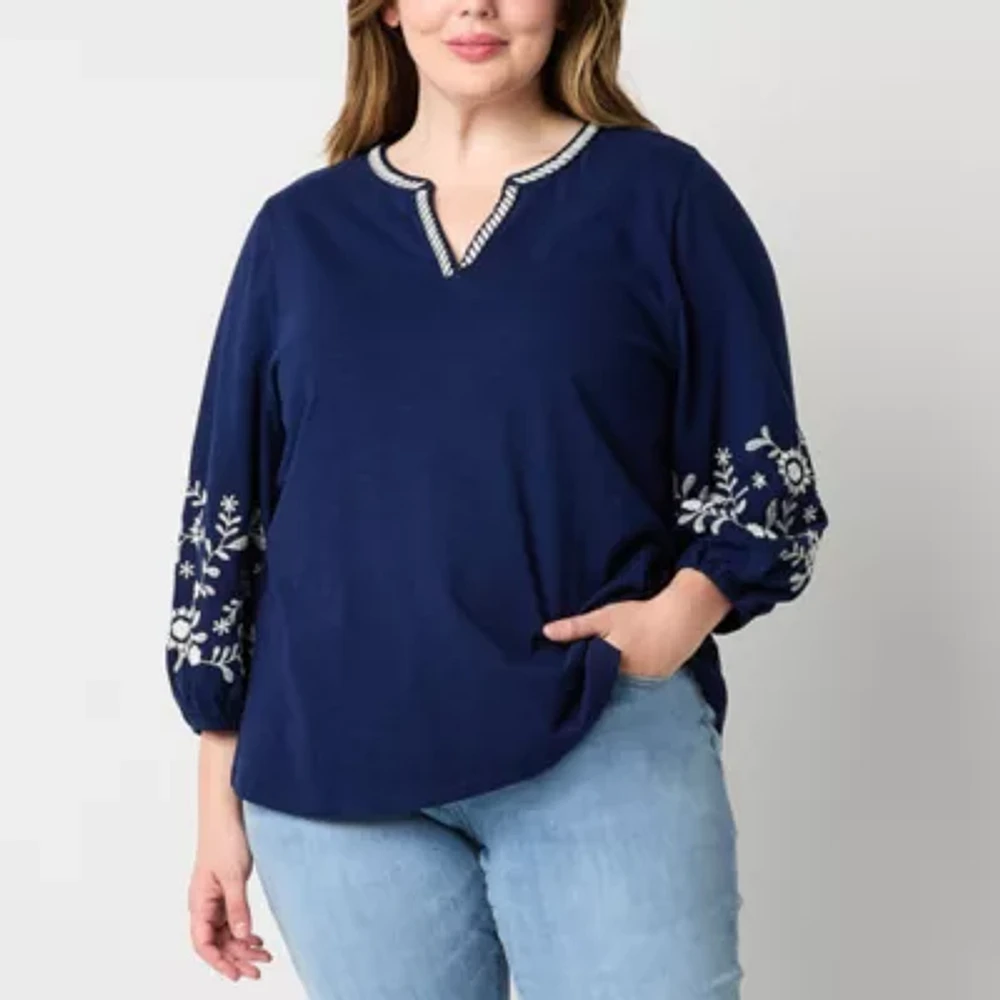 St. John's Bay Plus Womens Split Crew Neck 3/4 Sleeve Embroidered Blouse