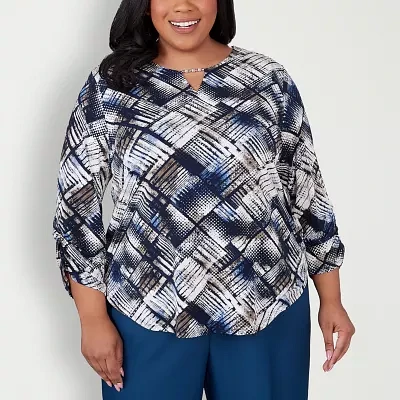 Alfred Dunner Classics Womens Plus Crew Neck 3/4 Sleeve T-Shirt