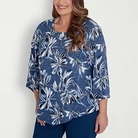 Alfred Dunner Classics Womens Plus Crew Neck 3/4 Sleeve T-Shirt