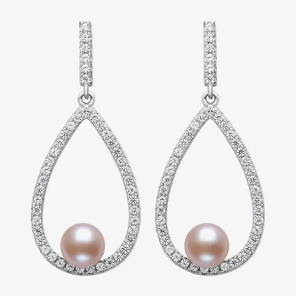 Womens Pink Cultured Freshwater Pearl Sterling Silver Pear Drop Earrings