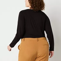 Worthington Womens Crew Neck Long Sleeve Bodysuit Plus