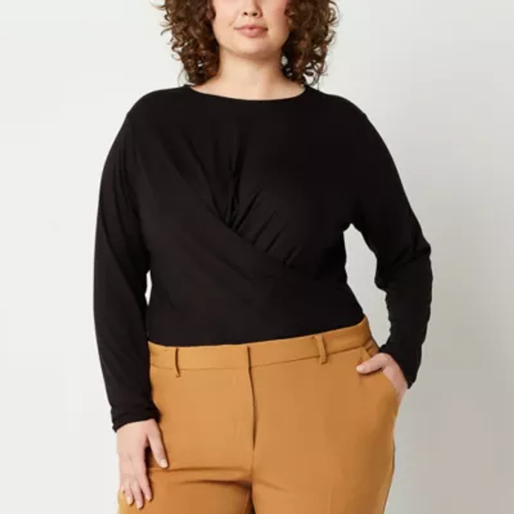 Worthington Womens Crew Neck Long Sleeve Bodysuit Plus