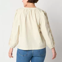 a.n.a Womens Split Crew Neck Long Sleeve Embroidered Blouse