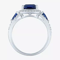 Womens Lab Created Blue Sapphire Sterling Silver Halo Side Stone Cocktail Ring