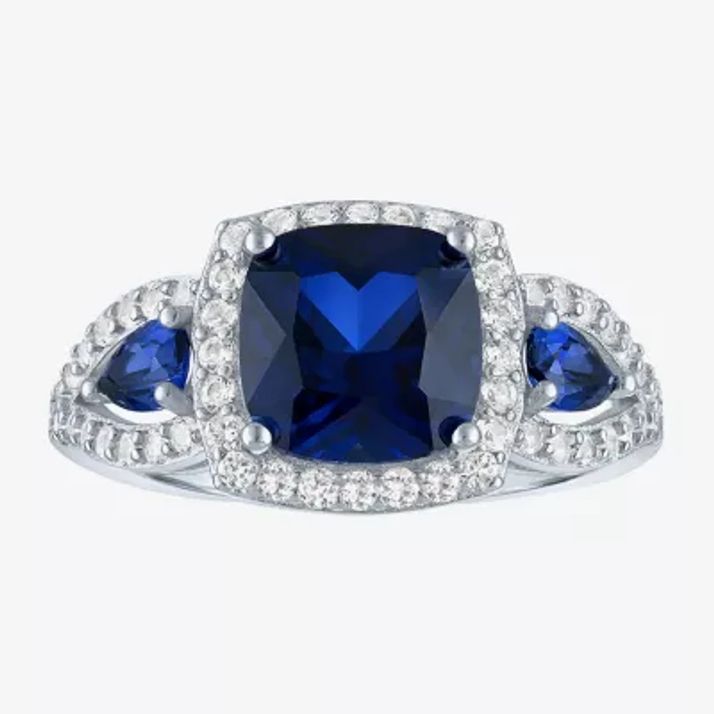 Womens Lab Created Blue Sapphire Sterling Silver Halo Side Stone Cocktail Ring
