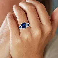 Womens Lab Created Blue Sapphire Sterling Silver Halo Side Stone Cocktail Ring