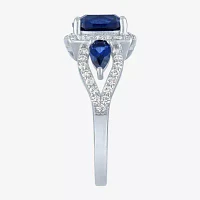 Womens Lab Created Blue Sapphire Sterling Silver Halo Side Stone Cocktail Ring