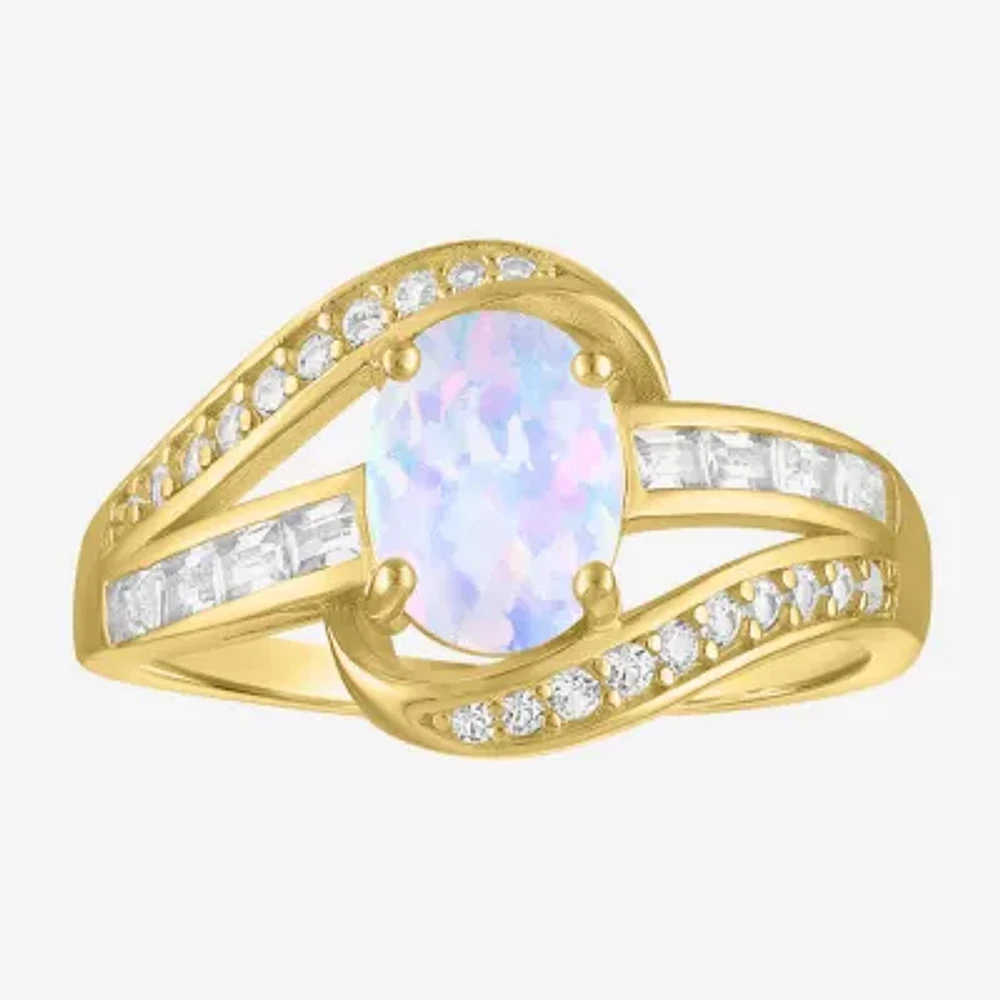 Womens Lab Created White Opal 14K Gold Over Silver Crossover Side Stone Cocktail Ring